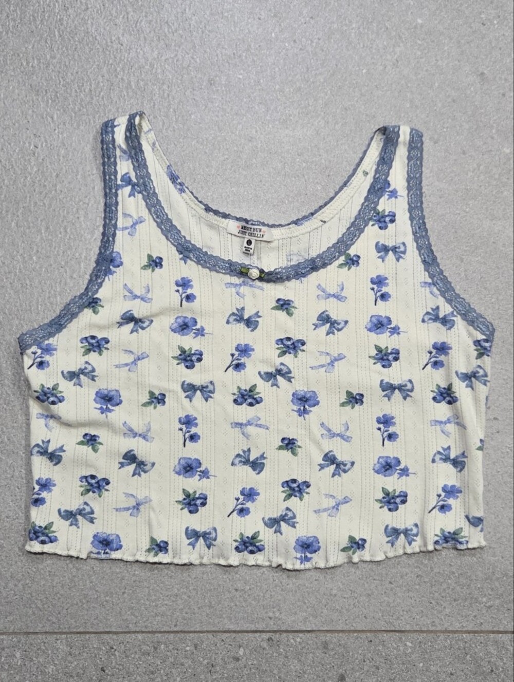 Blue Floral Ribbed Crop Tank Top